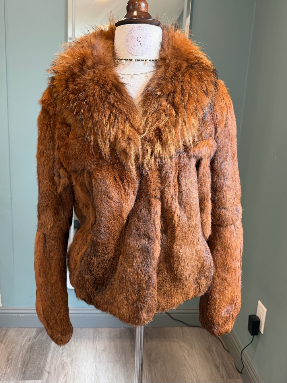 Vintage Brown Rabbit Fur Jacket Raccoon Dog Fur Collar S/M